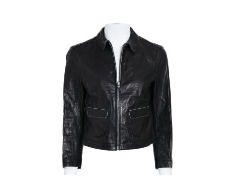 A PRADA 'LINEA ROSSA' BLACK LEATHER JACKET
Spread collar, zip-front closure, and two front flap pockets with topstitch detail