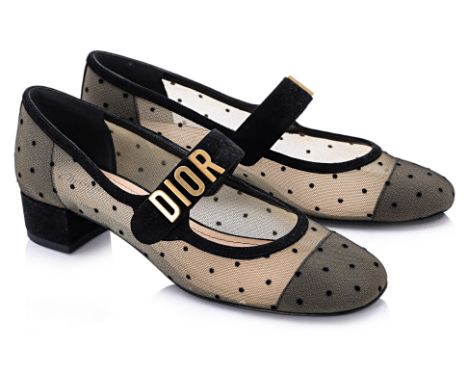 A PAIR OF CHRISTIAN DIOR 'BABY-D'  PUMPS
Beige mesh exterior with black suede polka dot pattern throughout, gold-tone logo ac