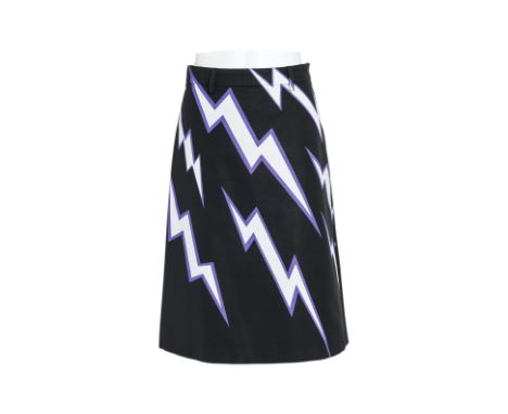 A PRADA BLACK LIGHTNING BOLT SKIRT
A-line skirt with graphic lightning bolt print in contrasting white and purple, features b