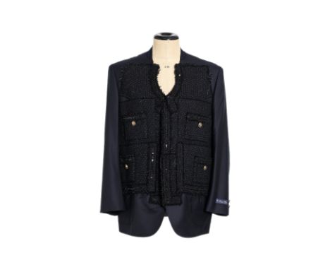 A JUNYA WATANABE X BROOKS BROTHERS SUIT JACKET
Navy blue structured jacket with black tweed overlay featuring sequins and int