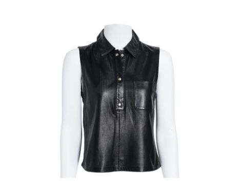 A PRADA SLEEVELESS LEATHER TOP
Circa 1990's, perforated leather construction with a solid leather collar and placket, silver-