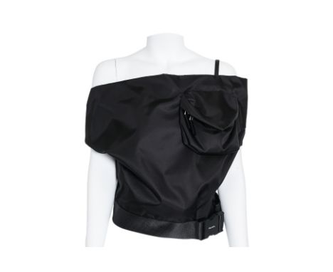 A PRADA RE-NYLON ASYMMETRICAL TOP BY RAF SIMONS
Black gabardine fabric featuring a draped silhouette with a utility-style pou