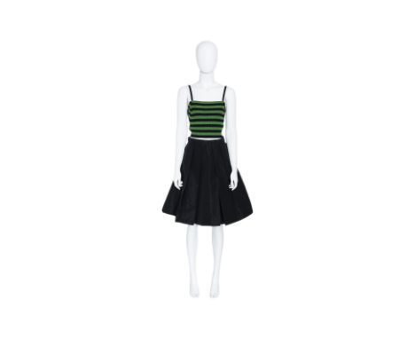 A PRADA STRIPE CAMISOLE AND PLEATED NYLON SKIRT (1)
Including a sleeveless knit top featuring horizontal green and black stri