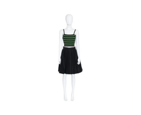 A PRADA STRIPE CAMISOLE AND PLEATED NYLON SKIRT (2)
Including a sleeveless knit top featuring horizontal green and black stri