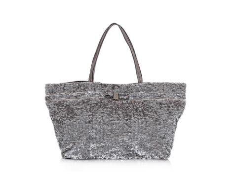 A SALVATORE FERRAGAMO SEQUINS TOTE BAG
Beige polyester with bronze tone leather straps and trim, stitched silver sequins to o