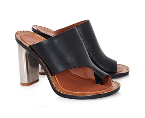 A PAIR OF CELINE BLACK LEATHER 'BAM BAM' MULES BY PHOEBE PHILO
Black leather body with peep-toe detailing, tan leather insole