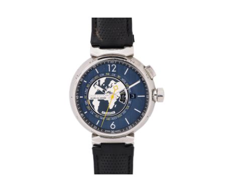 A LOUIS VUITTON 'TAMBOUR' WORLD TIMER AUTOMATIC WATCH
Steel open back case, blue satin dial with a decentrally incorporated m