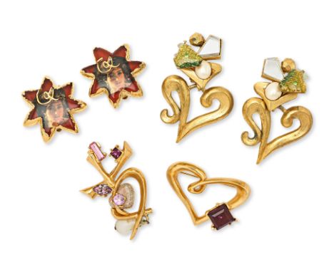 TWO PAIRS OF CHRISTIAN LACROIX EARRINGS AND TWO BROOCHES
One pair of star-shaped earrings featuring a woman's portrait in a r