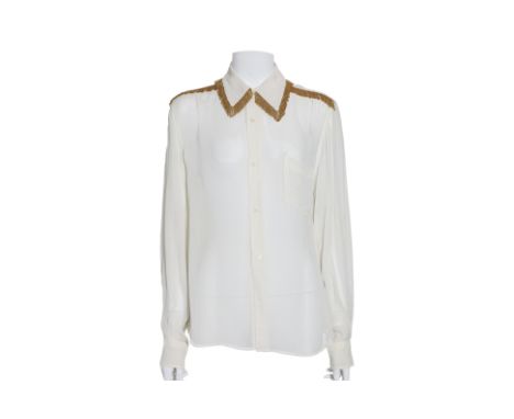 A COMME DES GARCONS SHEER LONGSLEEVE BUTTON-UP BLOUSE
With a pointed collar, embellished with gold-tone fringe detailing
Size
