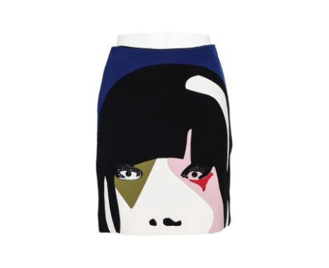 A PRADA ABSTRACT PANELED FACE SKIRT A-line silhouette with a stylized face to the front with beaded detailing around the eyes