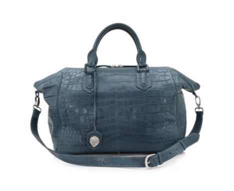 AN ETHAN K CROCODILE LEATHER BOSTON TEAL HANDBAG
Teal leather with teal stitching, lime green interior, hedgehog embellishmen