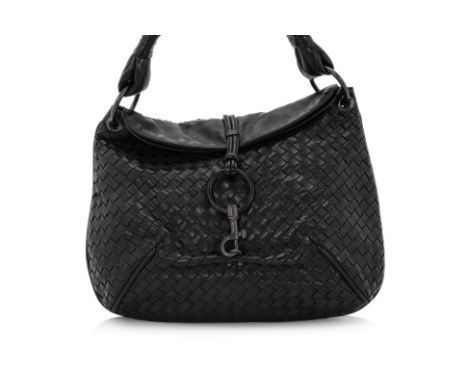 A BOTTEGA VENETA BLACK LEATHER HOBO BAG
Front flap closure with hook clasp fastening,  a single knotted shoulder strap, inter