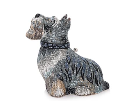 A JUDITH LEIBER SCOTTIE POPPY CLUTCH
Silver metal frame with black and silver crystals, hinge to underside and button clasp, 