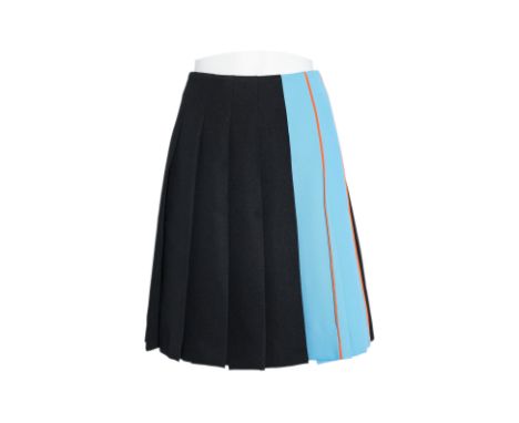 A PRADA BLACK PLEATED SKIRT
Featuring a contrasting light blue panel accented with orange piping to the side, with a conceale