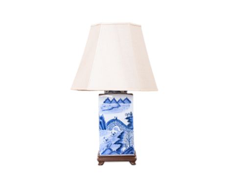 A BLUE AND WHITE PORCELAIN TABLE LAMP
The square body decorated with a continuous mountainous landscape
67cm high including s