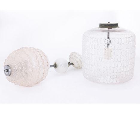 TWO MID-CENTURY GLASS LIGHT FITTINGS Circa 1960s, glass and chrome, pendant light in three globular sections with applied rib