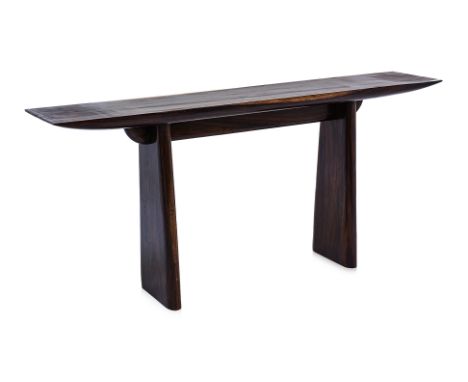 A MODERN ASIAN HARDWOOD CONSOLE TABLE
In 'altar' form, rectangular top with curved underside, two supports and brace
180 x 81