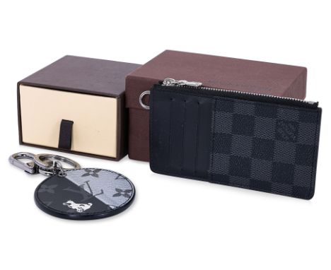 A LOUIS VUITTON CARD HOLDER AND KEY CHAIN HOLDER
Italy and Spain, grey and black leather card holder with zip section, togeth