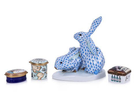 A GROUP OF HEREND, LIMOGES AND HALCYON DAYS ITEMS
Comprising: a Herend porcelain group of rabbits, in blue fish scale pattern