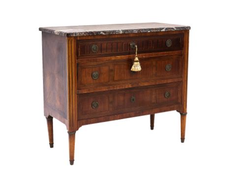 A FRENCH DIRECTOIRE MARQUETRY COMMODE 19th Century, walnut with rouge marble top, three drawers with circular brass handles, 