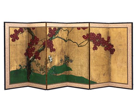A JAPANESE SIX PANEL PAINTED PAPER SCREEN Decorated with cherry blossom on a gilt ground 94cm high, each panel 34cm wide Cond