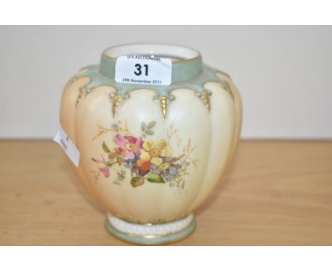 A late 19th / early 20th century Royal Worcester porcelain jar of lobed form, hand-painted with flowers upon a blush ivory gr