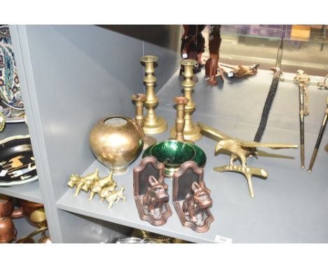 A selection of vintage brass ware, to include a pair of miniature poodles and Scottish terrier dogs, 5.5cm, candle sticks, ec