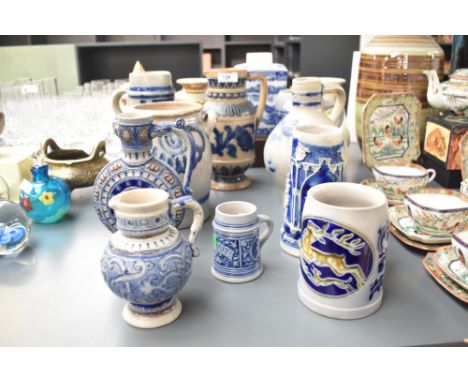 A selection of late 19th / early 20th century German blue and white Westerwald Rhenish pottery, to include a honey pot, 19cm,