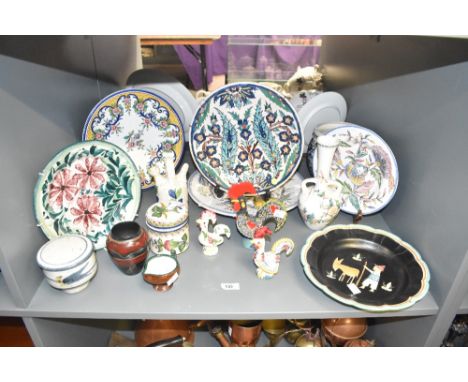 A collection of mid-century Portuguese pottery, to include a cockerel, h12, a plaque and large platter, sold together with a 
