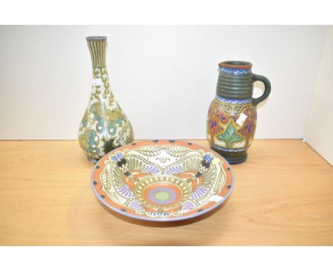 A group of vintage Dutch pottery to include a bowl, pattern '209', 26cm, fluted vase, pattern '829', 30cm, and jardinière, 24