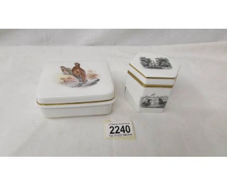 A Royal Worcester lidded pot decorated with a pheasant and a Royal Worcester octagonal lidded pot decorated with scenes of bu