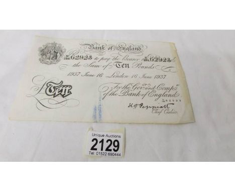 A Bank of England white £10 note dated 16 June 1937, K189 62923, K O Peppiatt, A German operation Bernhart forgery  ****Condi