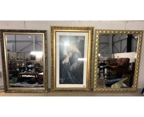A gilt framed bevel edge mirror &amp; 1 other &amp; a classical style print of a female