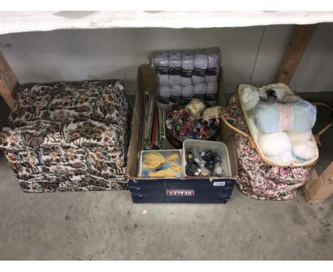 A good selection of sewing &amp; knitting items including wool, needles, tapestry threads, buttons &amp; sewing box/stool