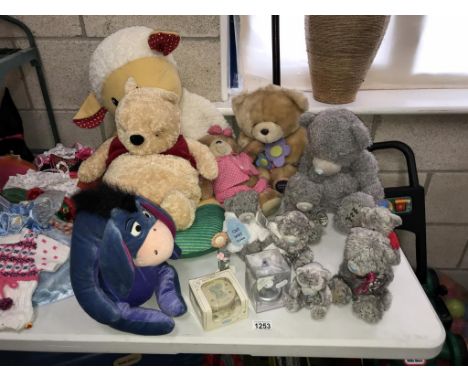 A quantity of soft toys including Me to You Bears, Forever friends, Eeyore, Winnie the Pooh water bottle/pyjama case, trinket