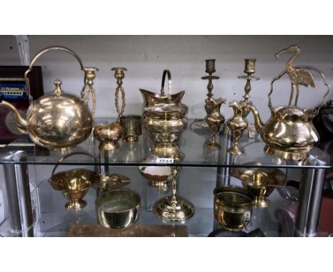 A mixed lot of brassware including candlesticks, bowls, teapot etc.