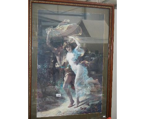 A large rectangular print in wooden frame.