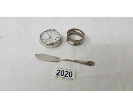 A silver cased pocket watch, a/f, a silver jam knife and a silver napkin ring.