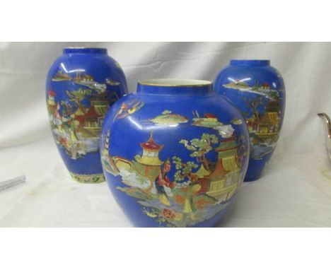 3 various sized Carlton ware 'Mikado' pattern vases (Wiltshaw &amp; Robinson).  23 cm, 25 cm and 27 cm tall.