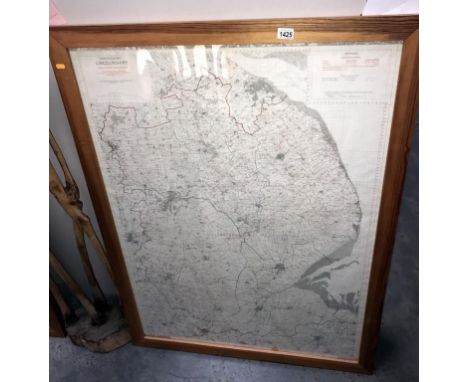 A large pine framed ordnance survey map of Lincolnshire 106cm x 132cm