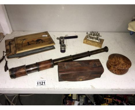 A spy glass with case, French opera glasses, British Military 1940 photograph album 'Lydda Camp' Palestinian Exodus 'Brigade 