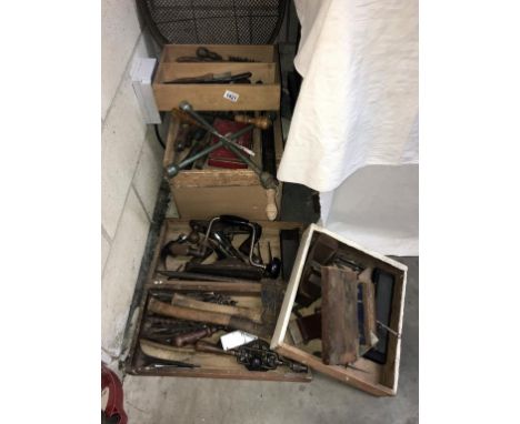 A quantity of tools includes files, carpenters planes, drill bits etc plus brass garden sprayer and riddle