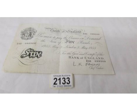 A Bank of England white £5 note dated 3 May 1955, No. Z62 099509, L K O'Brien. ****Condition report**** Fold on 1 corner, fol