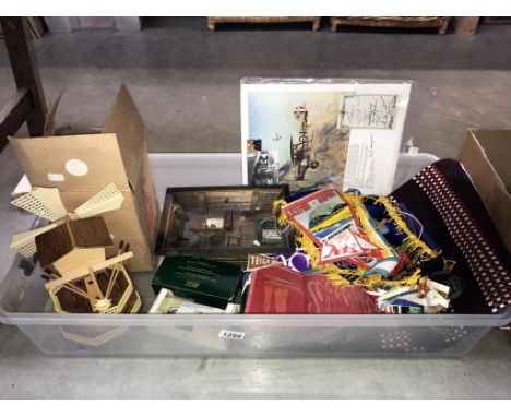 A mixed lot including bag of assorted pennants, RAF prints, Nigerian wall hanging, musical windmill lamp etc.