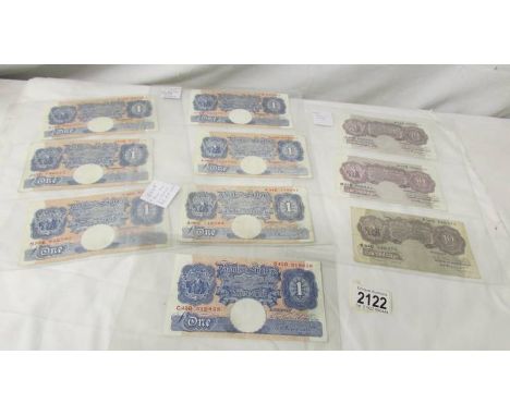 Seven circa 1940's one pound notes and three ten shilling notes - K O Peppiatt.
