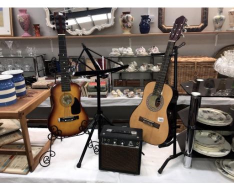2 children's classic guitars, a music stand and a Kay solid state amplifier (guitar stand not included)
