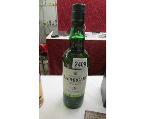 A bottle of Laphroaig 18 year Islay single malt Scotch whisky.