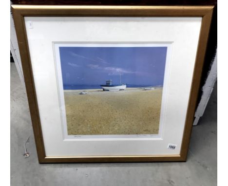 A limited edition print of a fishing boat on beach 284/500 signed Spence 66cm x 66cm