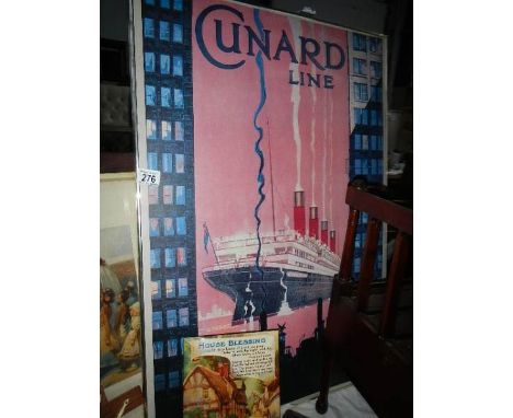 A Framed Cunard Line print. ****Condition report**** Reproduction, stuck on thick board and framed 85cm x 59cm  