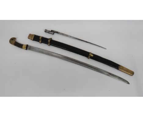 Soviet Russian Shashka Sword 32 inch, single edged blade with wide fuller. Brass ferrule and brass pommel with pebbledash fin